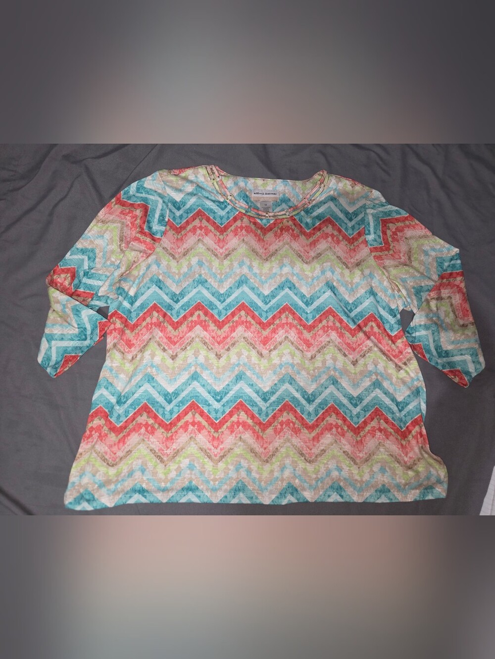 Alfred Dunner Chevron Print Top in Coral, Teal, Lime & Cream